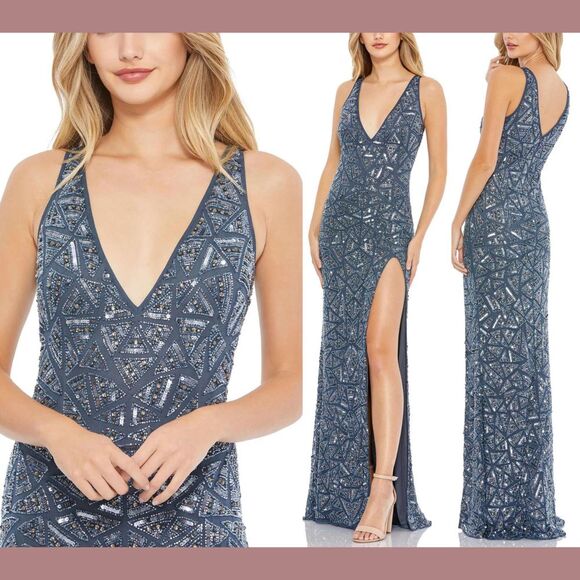 NWT‎ $598 Mac Duggal [ 0 ] 93552 Embellished V Neck Sleeveless Gown Slate Blue - Picture 1 of 15